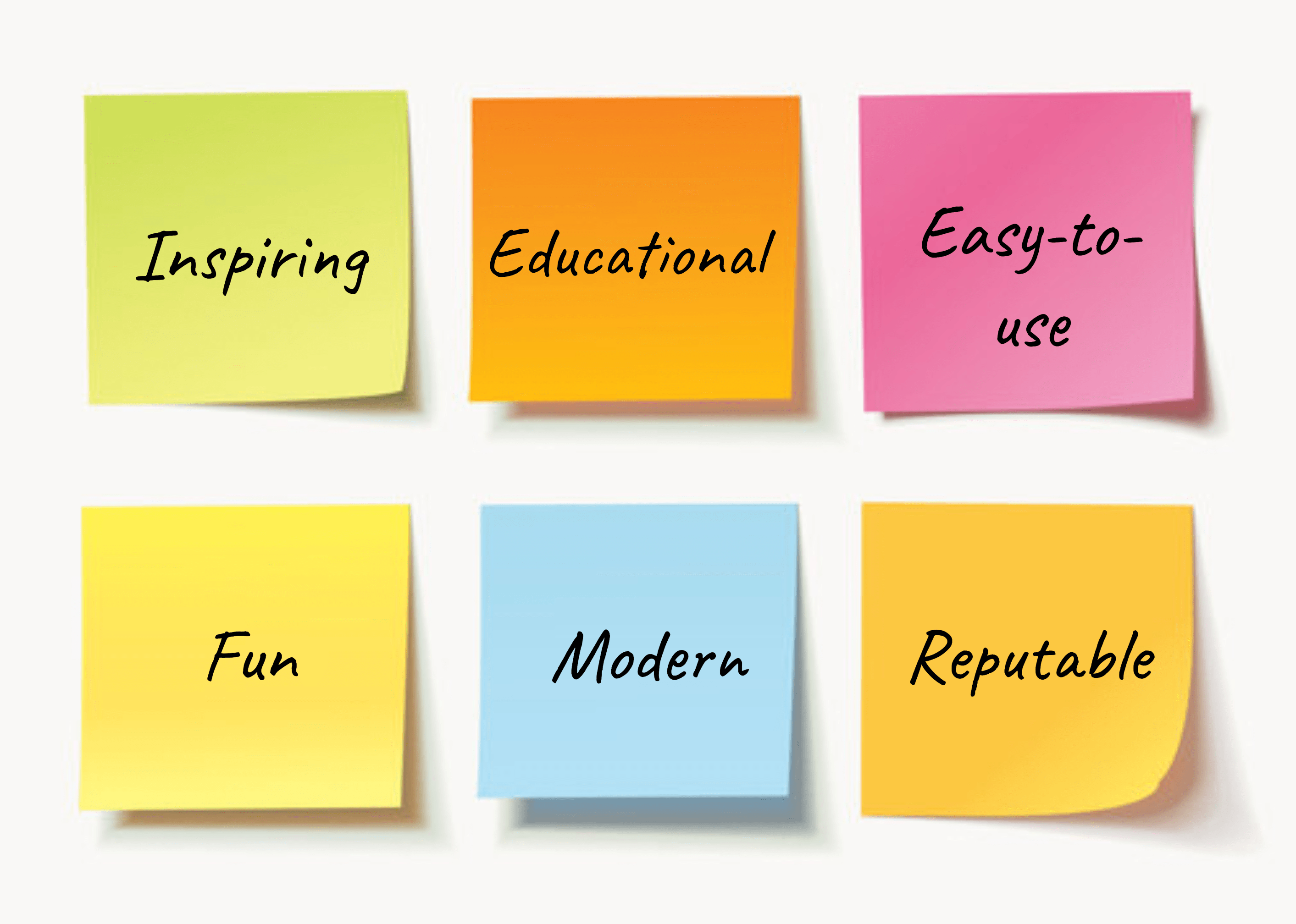 s 6 sticky notes with the words : "inspiring", "educational", "easy-to-use", "fun", "modern", and "reputable".