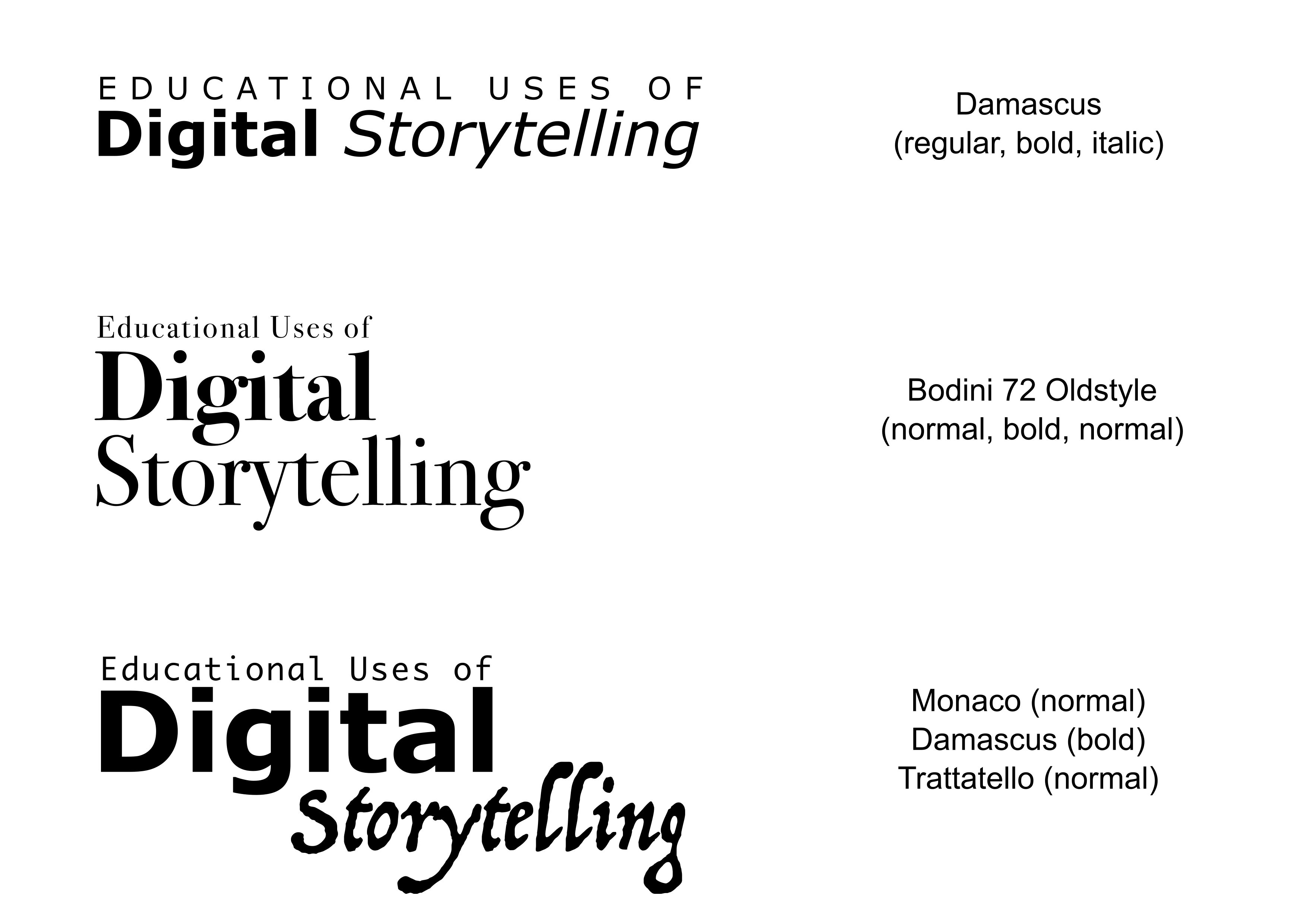 This image shows three options for the "Educational Uses of Digital Storytelling" workdmark, with options that use typefaces including, Damascus, Bodini, Monaco, and Trattatello.