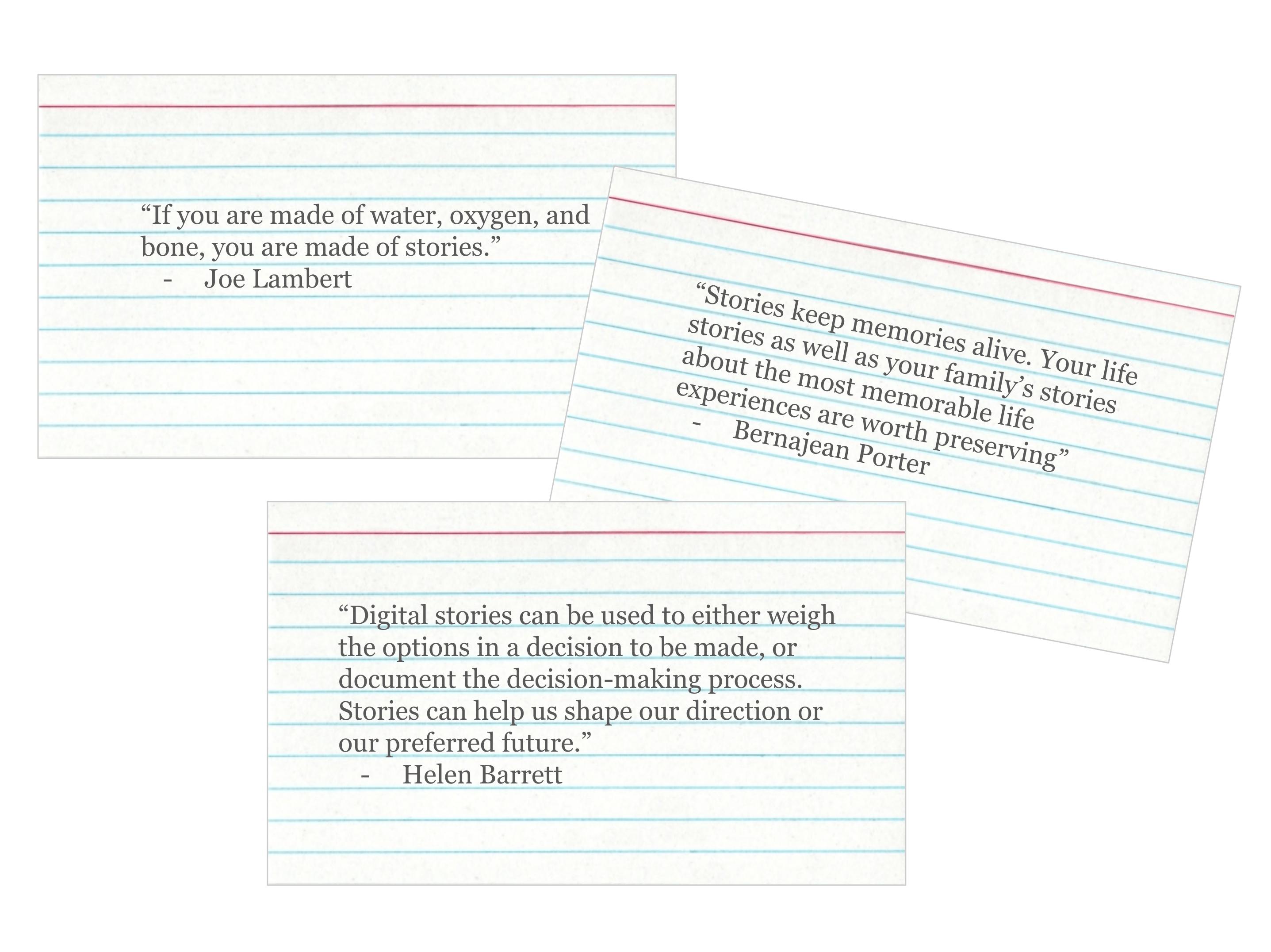 This image includes three example quotes typed on lined notecards:
1) “If you are made of water, oxygen, and bone, you are made of stories.”
Joe Lambert
2) “Stories keep memories alive. Your life stories as well as your family’s stories about the most memorable life experiences are worth preserving”
Bernajean Porter
3) “Digital stories can be used to either weigh the options in a decision to be made, or document the decision-making process. Stories can help us shape our direction or our preferred future.”
Helen Barrett