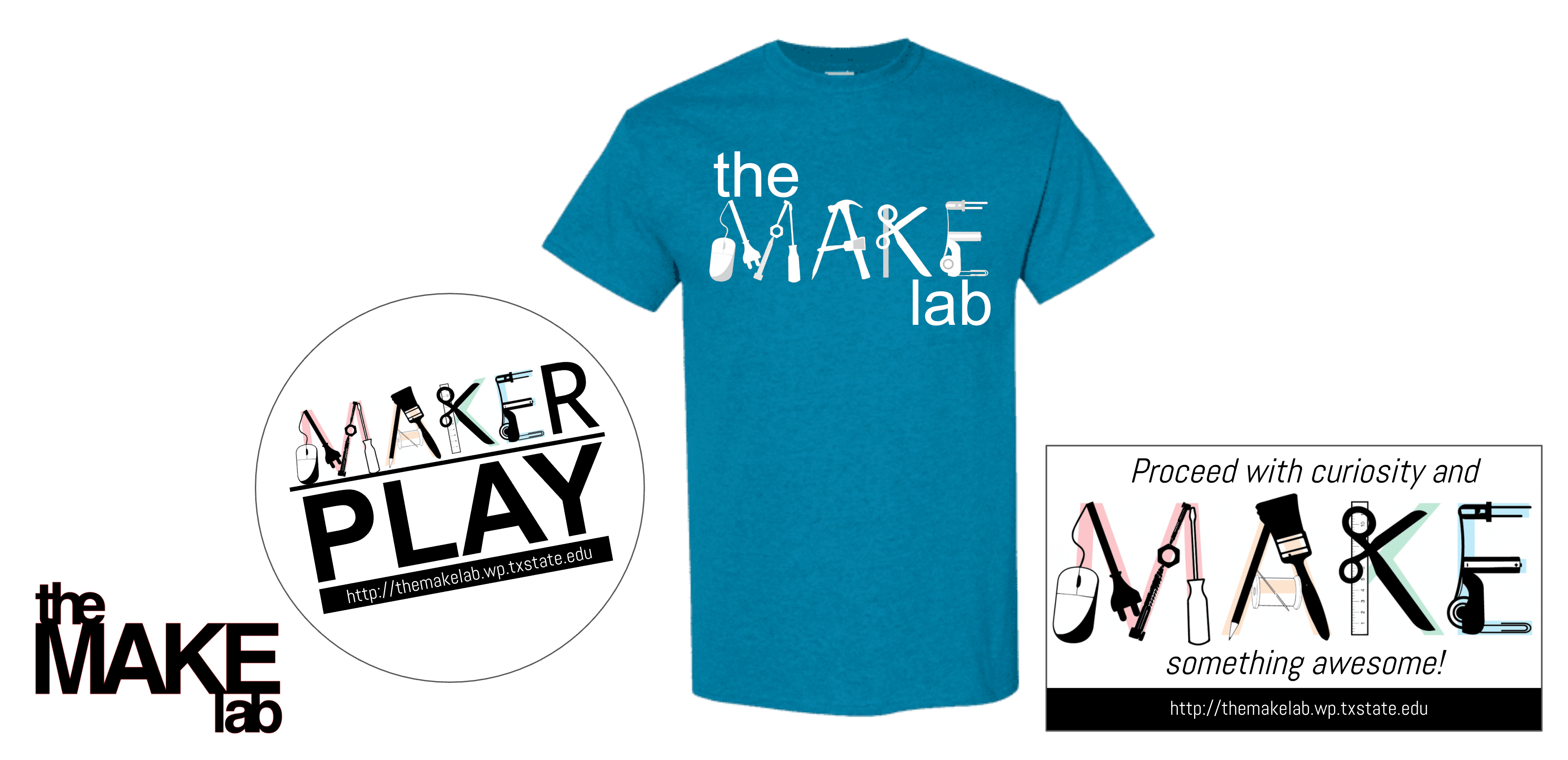 Marketing materials include stickers with the MAKE Lab logo and website address, t-shirts with the logo, and vinyl cut lettering of the simplified logo.