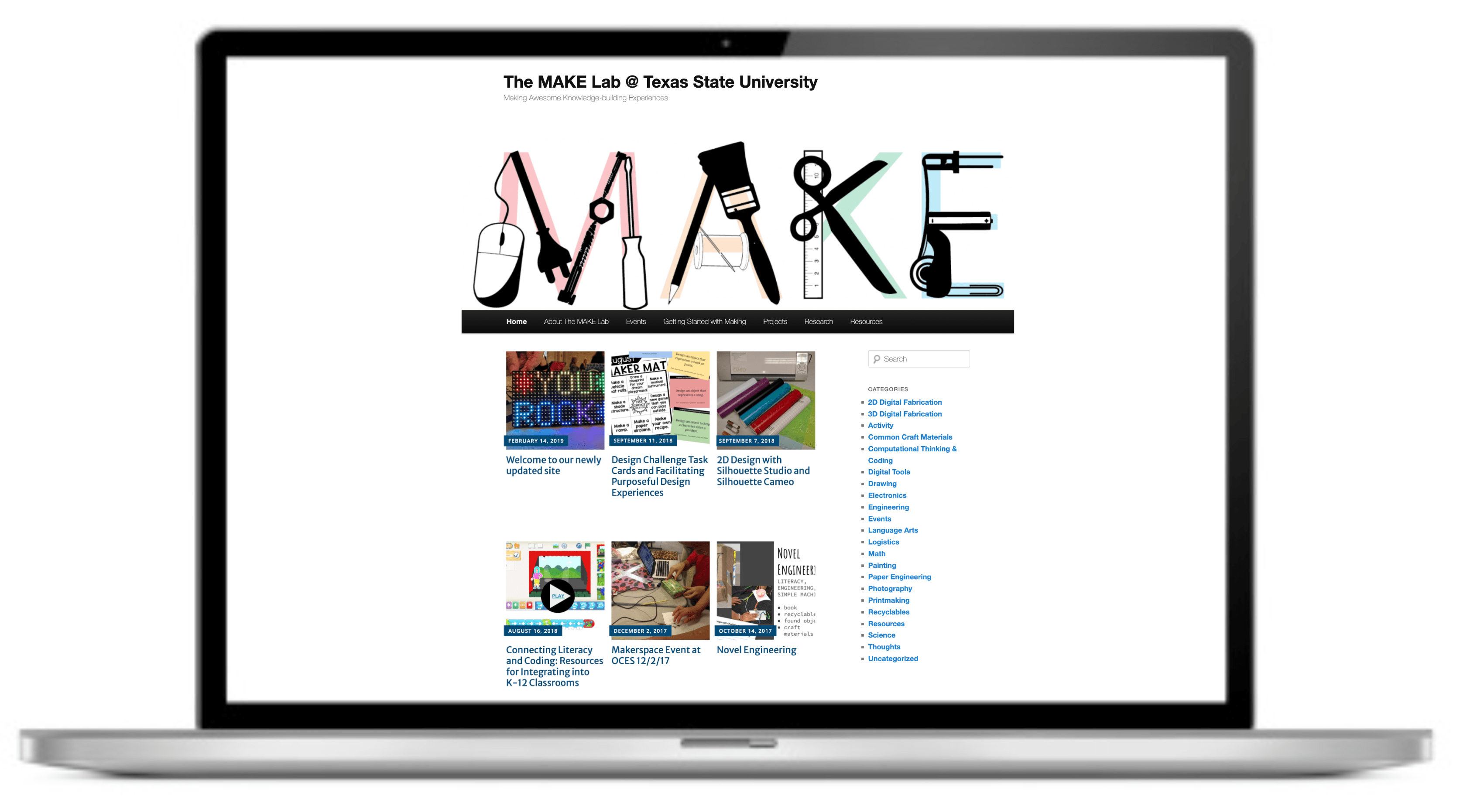 The MAKE Lab website included a home page where users could select recent posts or search by category, and about page describing the initiative, an events page listing upcoming and past event details, a page about getting started with making which detailed strategies for fundraising and easy to use tools, a projects page that listed activities designed by university students, a research page that listed peer-reviewed publications featuring The MAKE Lab initiative, and a resources page that listed affordable tools and material suppliers.