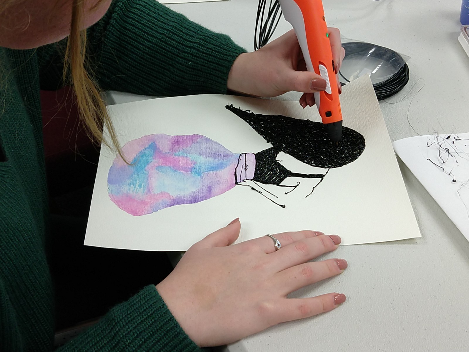 Student artifact example: 3D drawing using watercolor and 3D PLA filament pen on paper