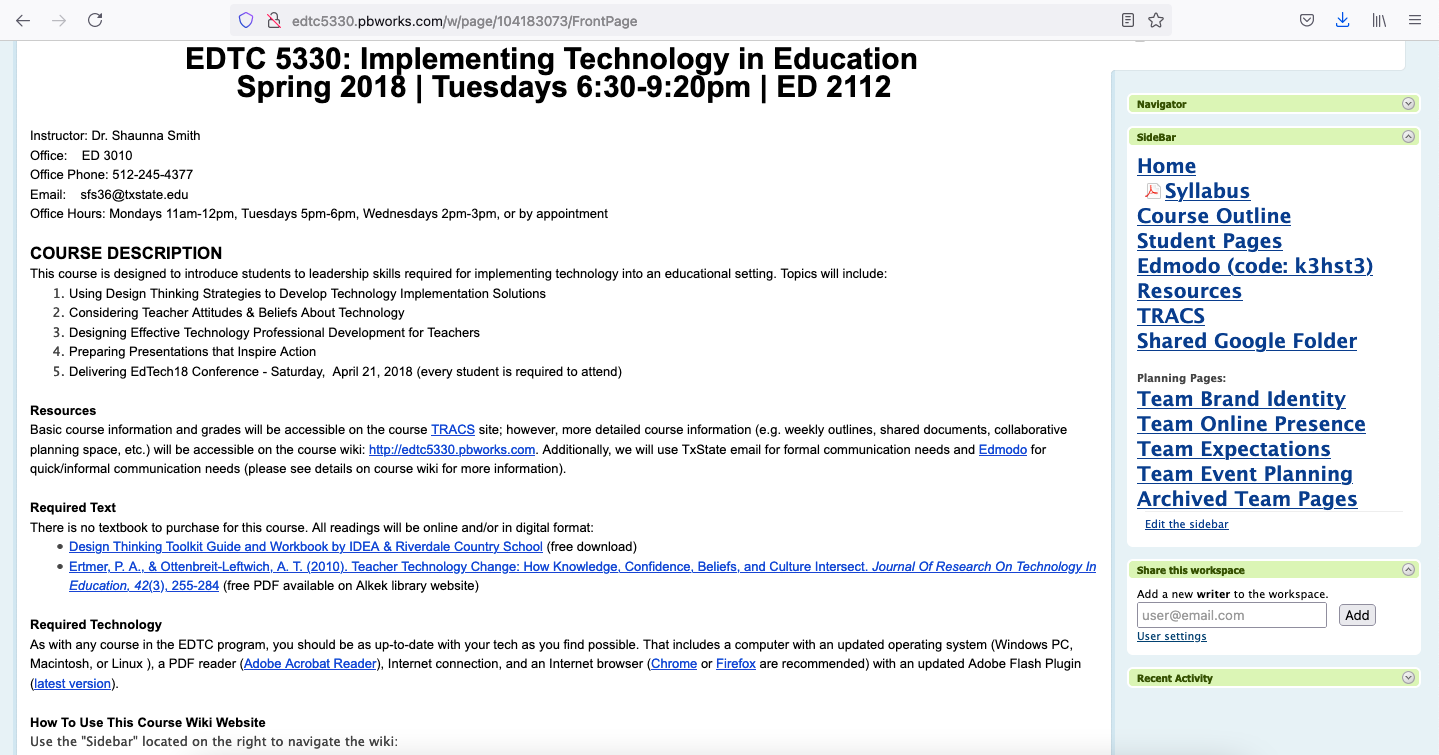 Design Thinking Technology Implementation course website
