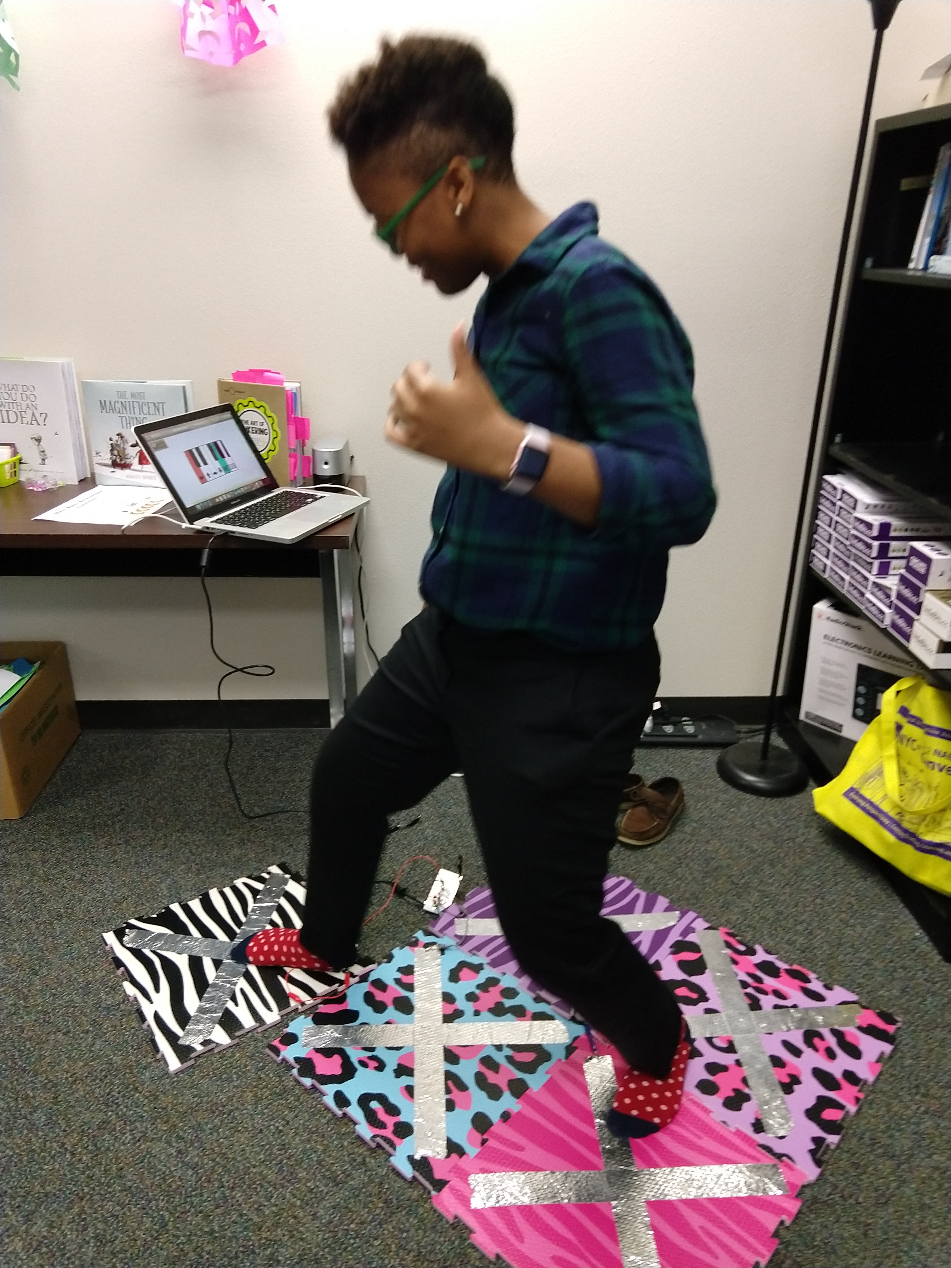 Student artifact: Piano dance pad with conductive tape, Scratch code, and Makey Makey microcontroller