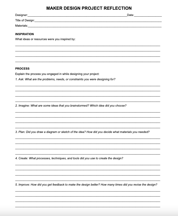 Image of worksheet for maker design project reflection.