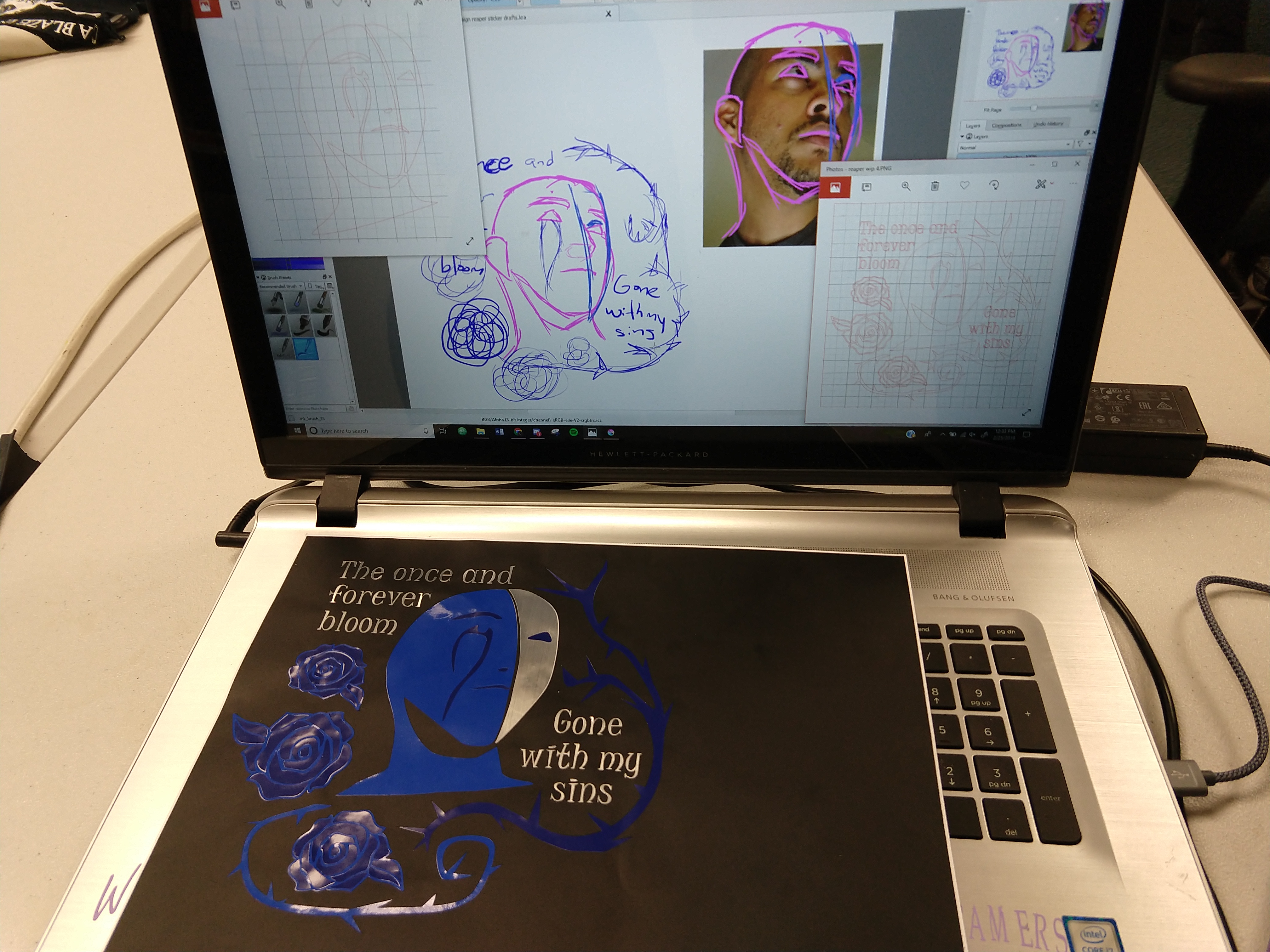 2D student artifact: Full design process, including digital sketch, SVG design file, and two-color vinyl prototype