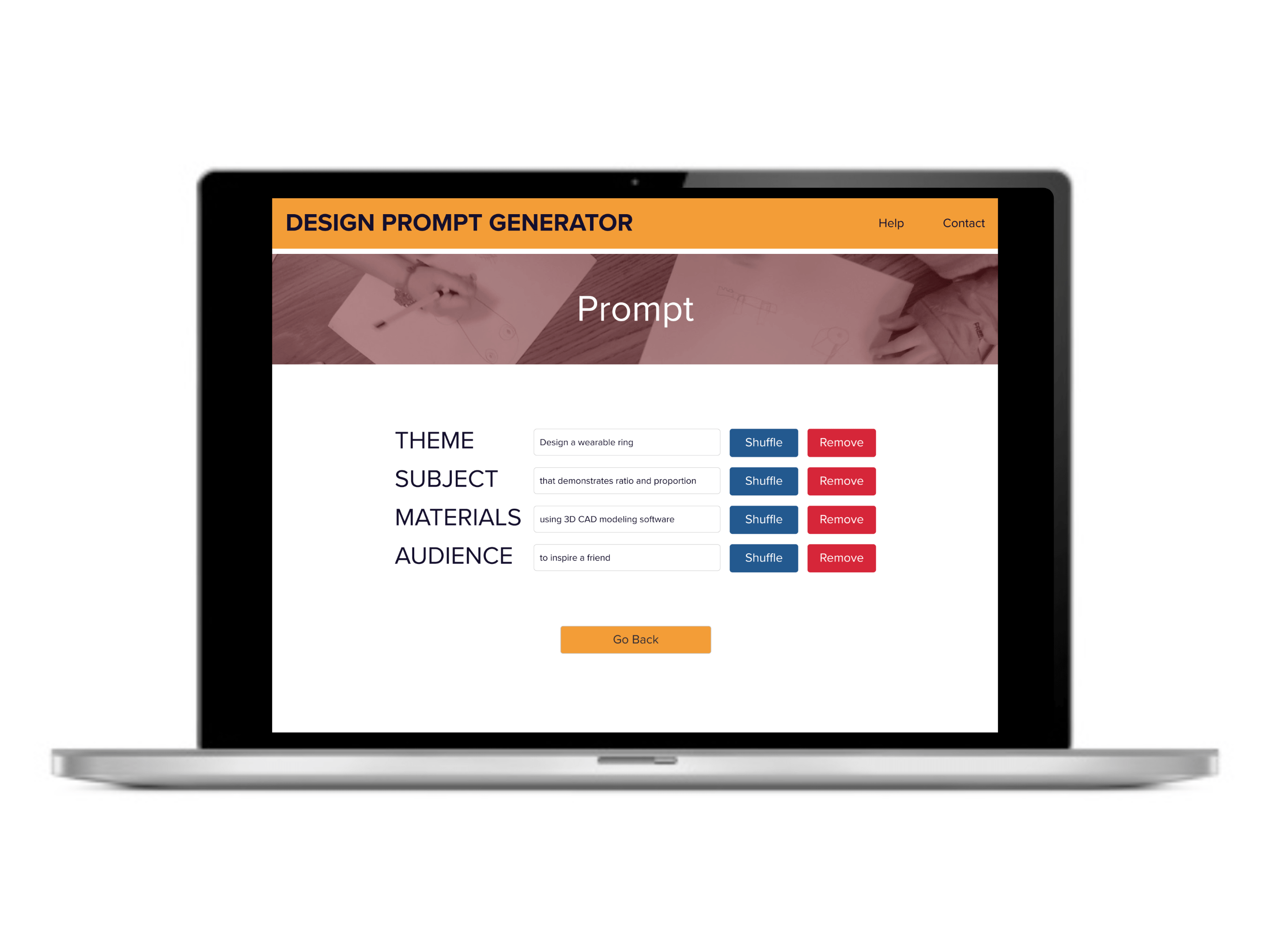 High-fidelity prototype: Screen 3 displays the design prompt and provides options to shuffle or remove theme, subject, materials, or audience.