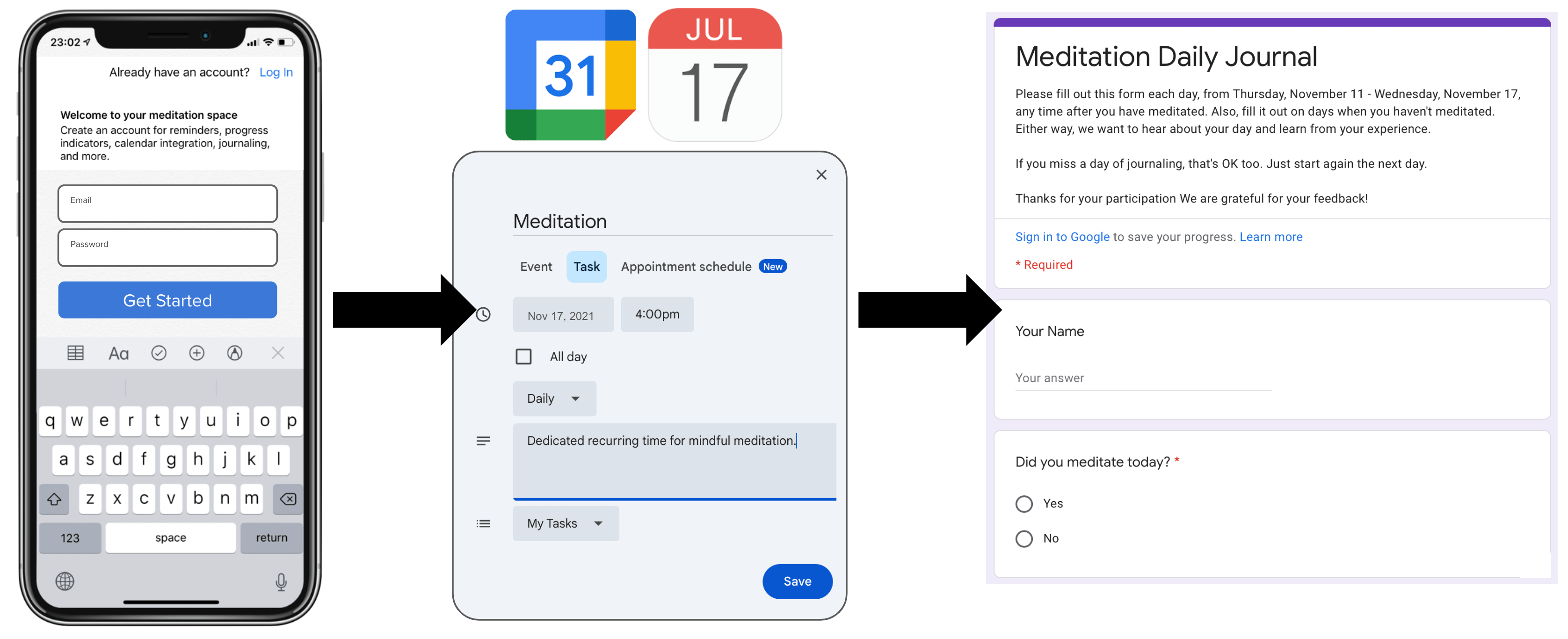 Image of meditation app on mobile device, example of meditation calendar event created on users' calendar, and preview of meditation journal that was used for diary study.
