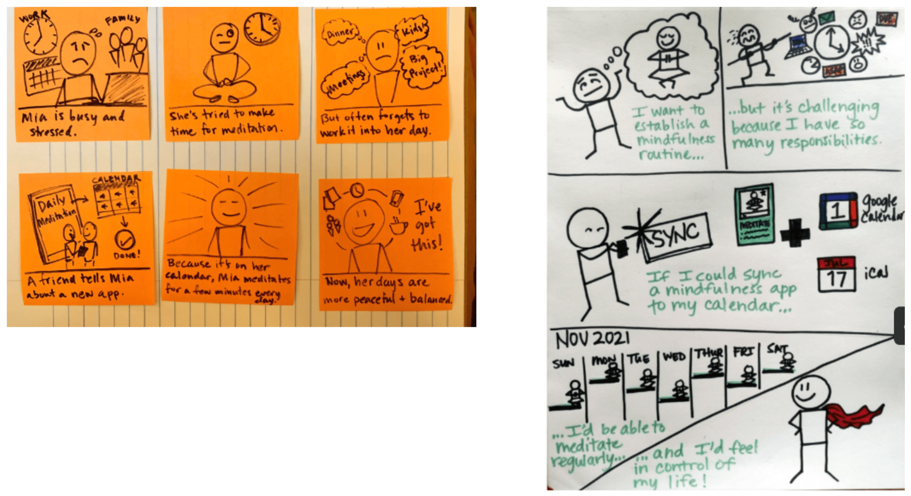 Two storyboards are shown, which include hand drawn stick figures to depict the problem statement and how the proposed meditation app can solve the problem.