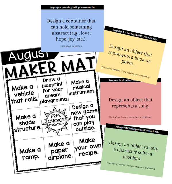 Image of design challenges, including bingo-style maker mat and prompt cards related to content areas.
