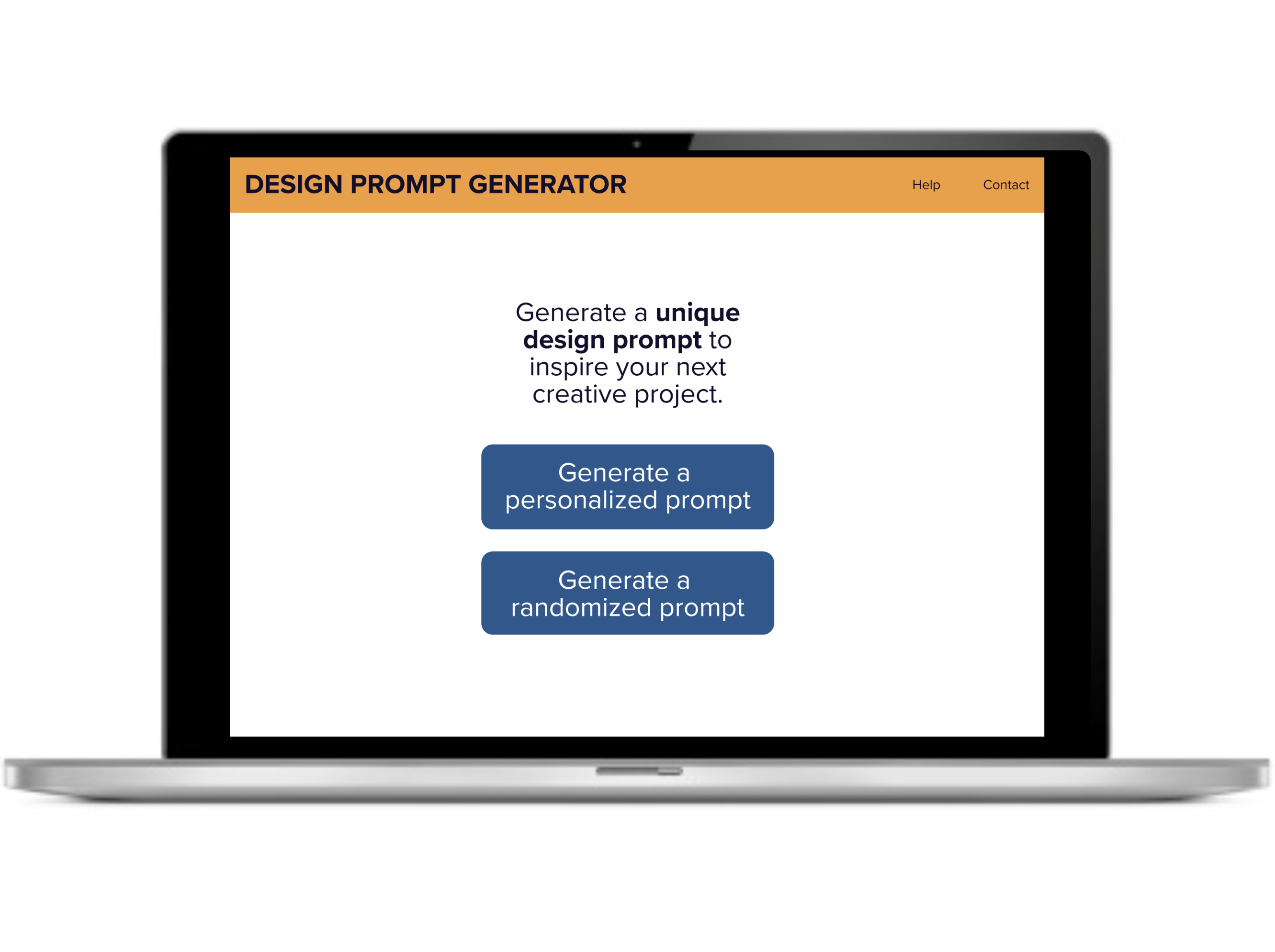 High-fidelity prototype: Screen 1 allows user to select from two options, 1) generate a personalized prompt, or 2) generate a randomized prompt.