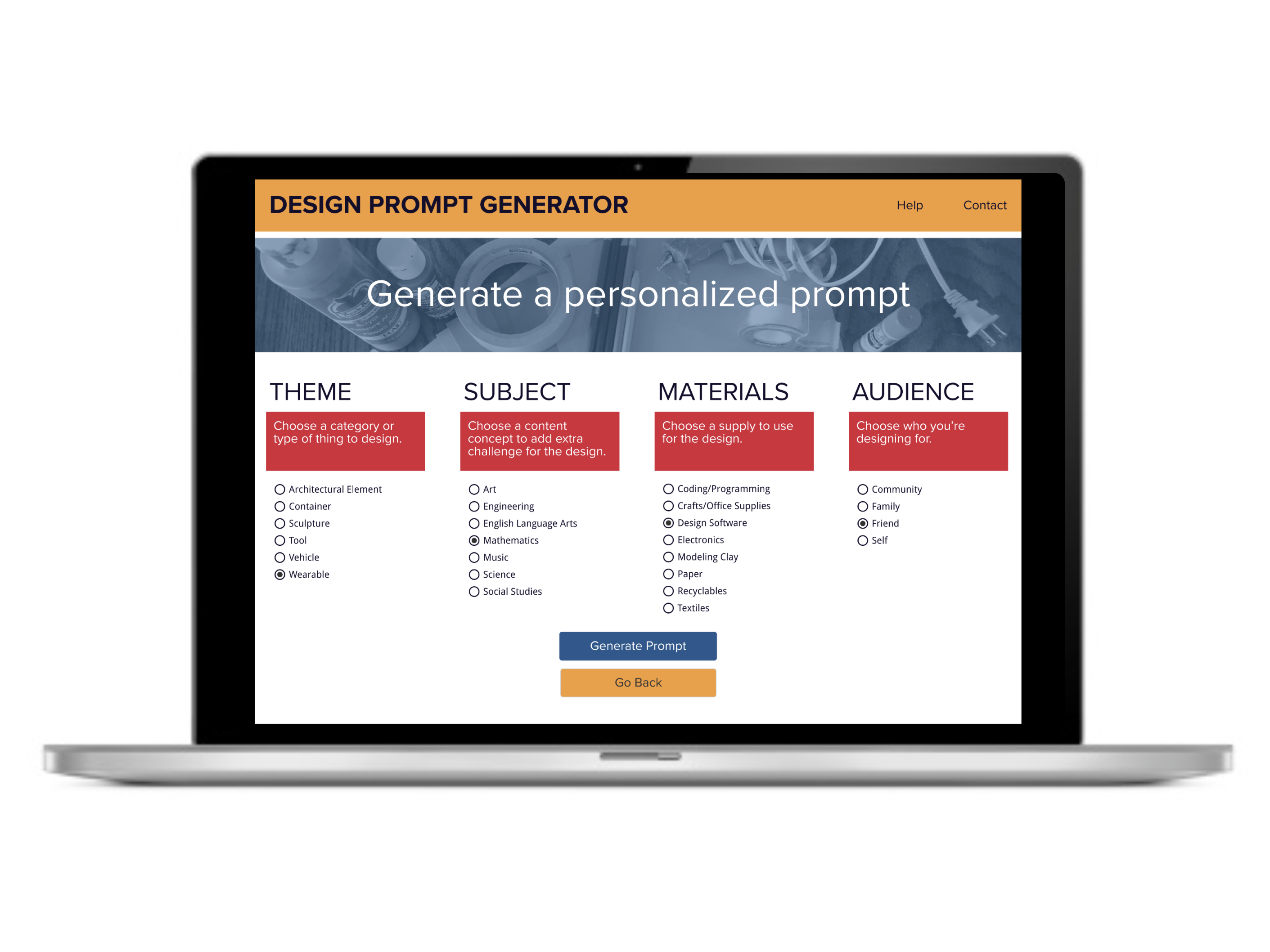 High-fidelity prototype: Screen 2 displays options to choose theme, subject, materials, and audience.